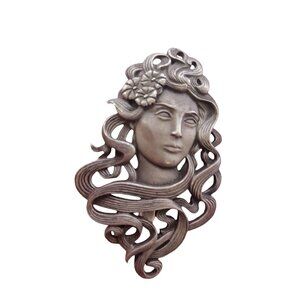 Fabulous Vintage Signed JJ 1980s Pewter Art Nouveau Lady Brooch (A5595)